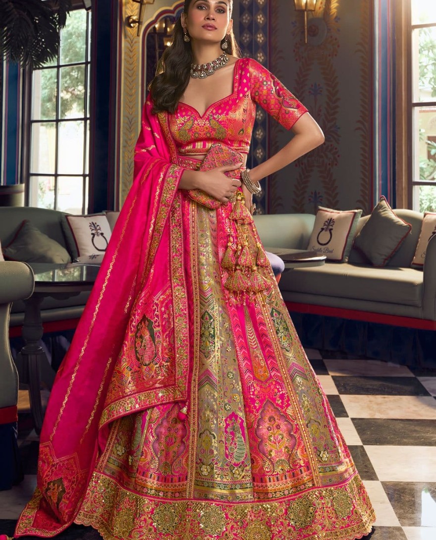 10381 - Amazing Multi Colour Banarasi Embroidered Lehenga Choli for Engagement